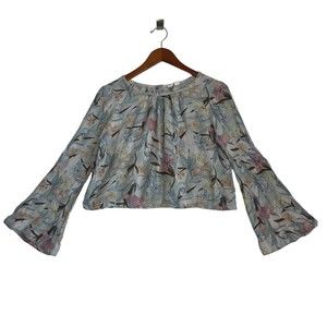 Melrose and Market Size XS Women's Bell Sleeve Viscose Blouse Cropped Blue Boho